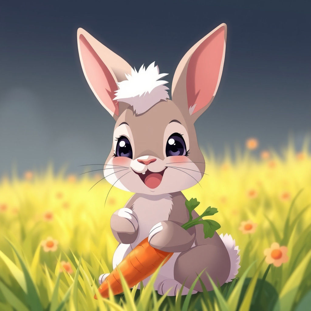 Smiling Baby Rabbit with Carrot in Anime Style