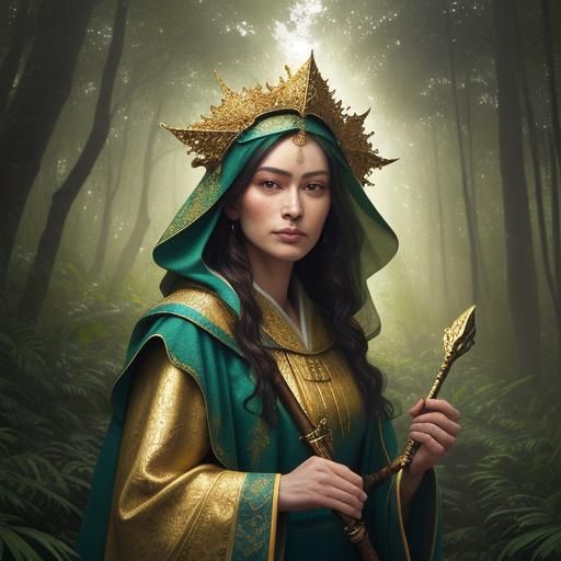 Holy Woman in Forest, Vibrant Oil Painting