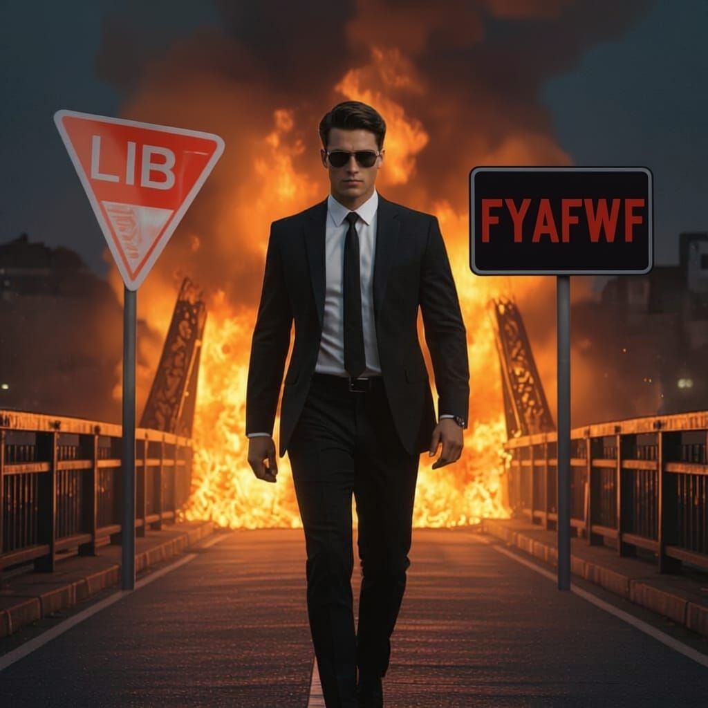 Man in Suit Walks Through Raging Fire on Bridge at Night