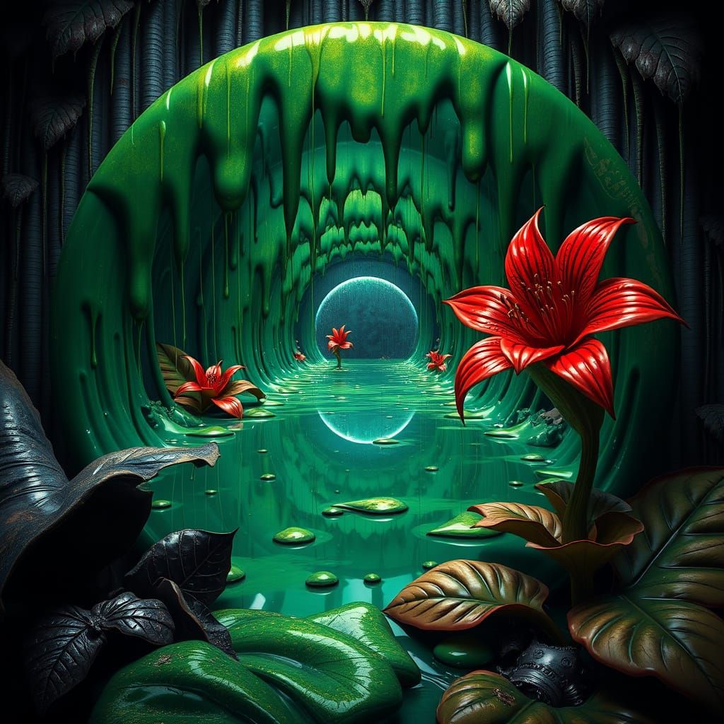 Slime-Covered Infinite Mirror in Fractal Art Style