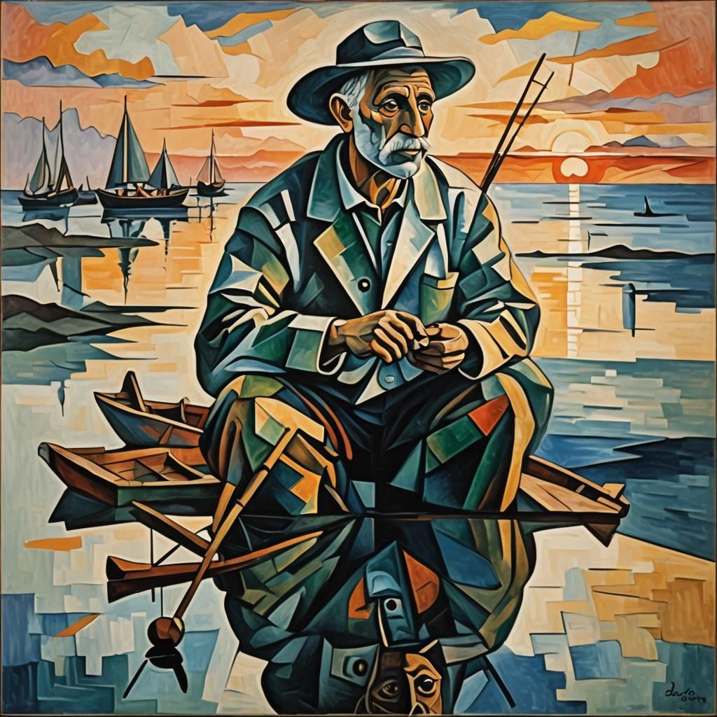 Cubist Fisherman at Sunset in Reflected Space