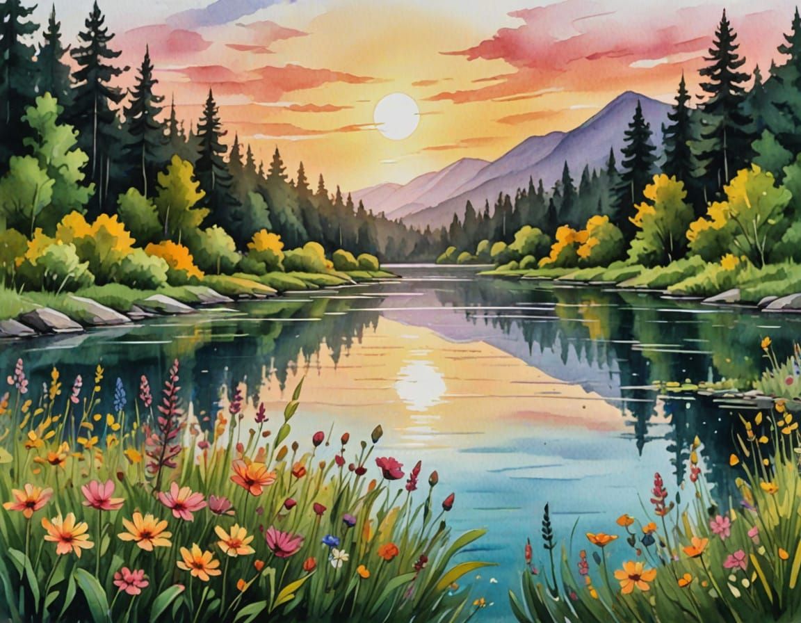 Whimsical Nature Scene in Vibrant Alcohol Marker Style