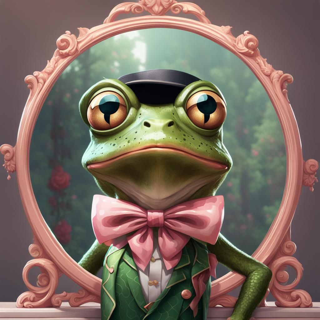 Anthropomorphic Frog Prepares with Pink Bow, Detailed Art