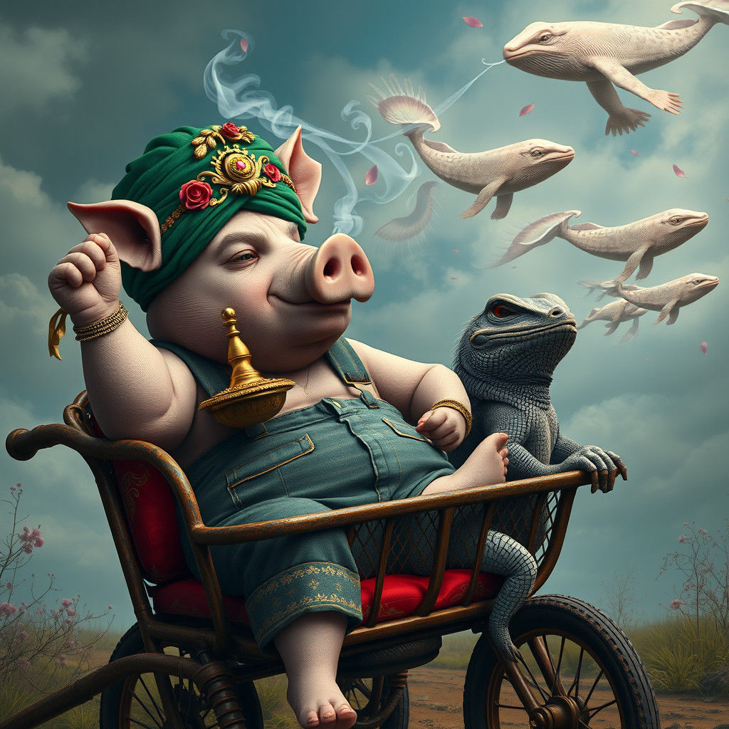 Emerald Turban Pig's Surreal Wheelbarrow Ride