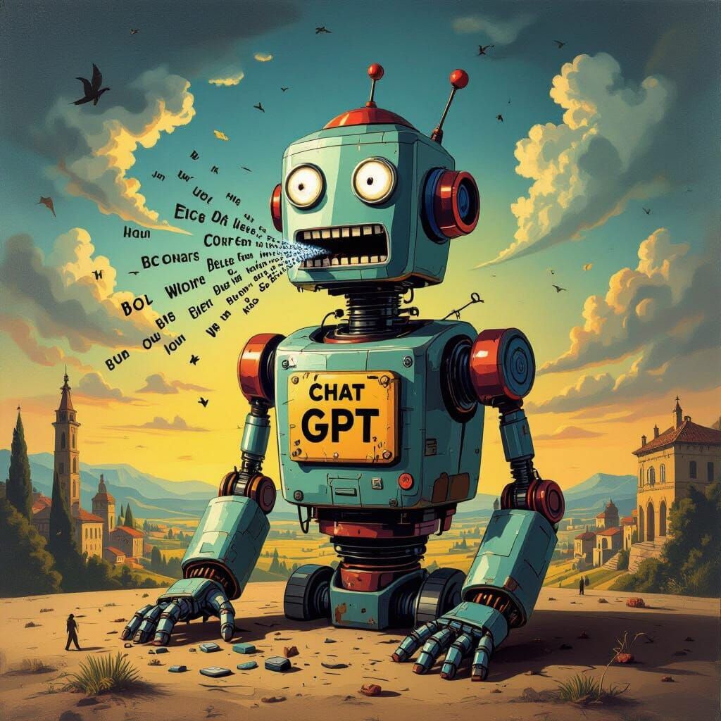 Surreal Robot Vomiting Words: Dali-esque Style