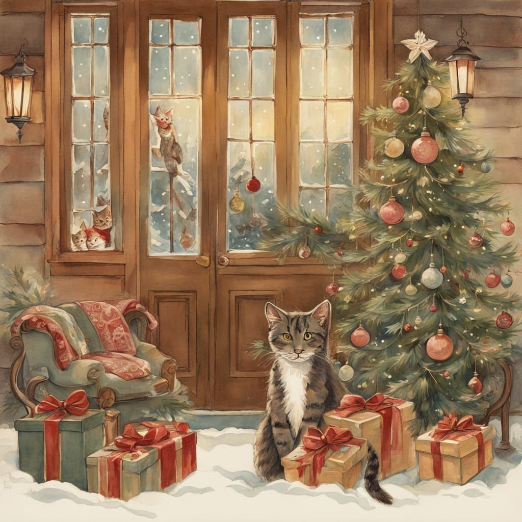 Vintage-Style Cats Celebrate Christmas in Whimsical Winter W...