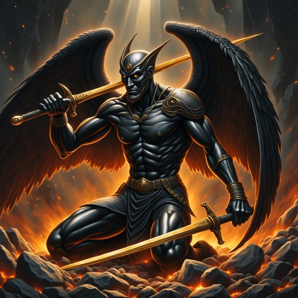 Dark Winged Warrior in Volcanic Cavern: Cinematic Illustrati...