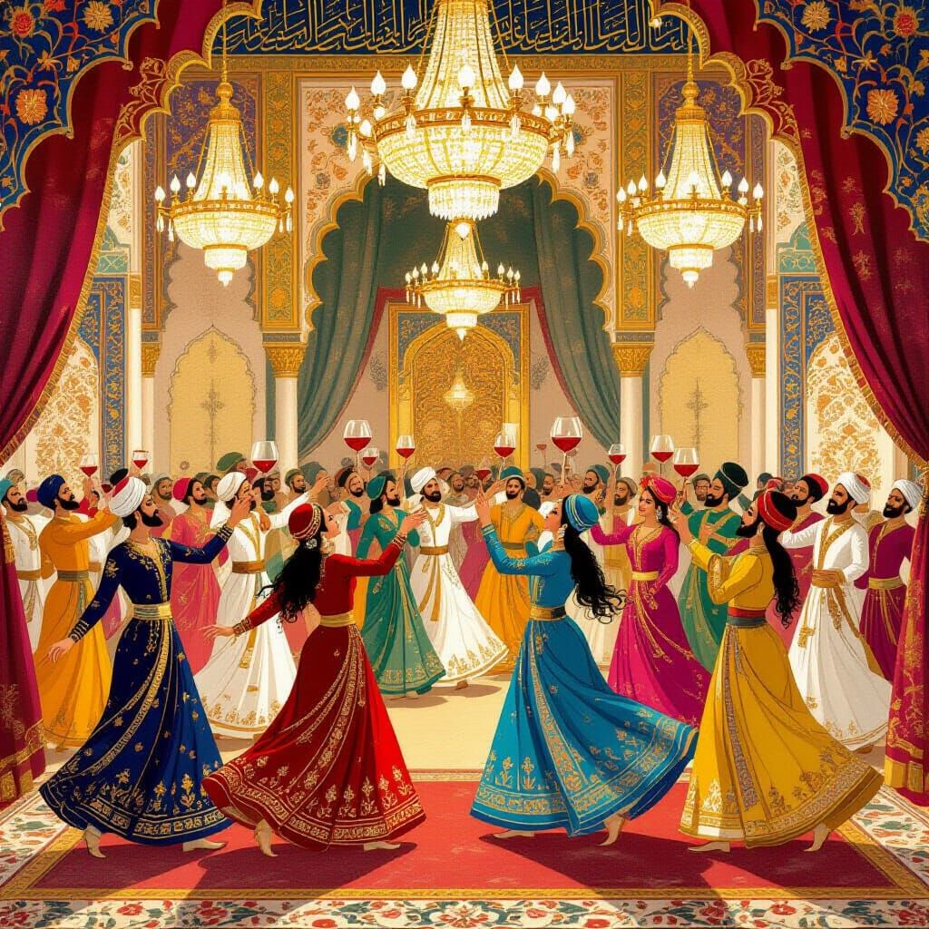 Opulent Iranian Royal Court Scene in Persian Miniature Style