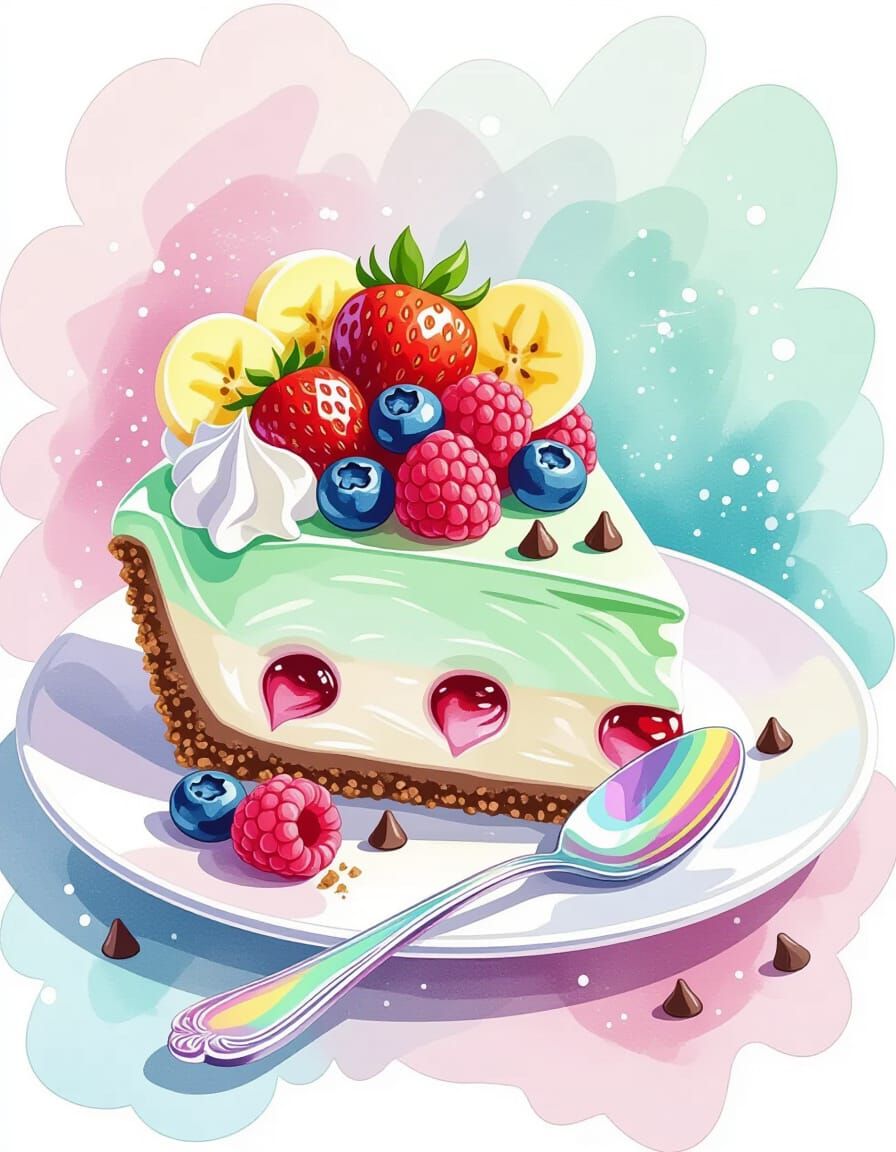 Mint Chocolate Cheesecake with Berries in Watercolor Splash ...