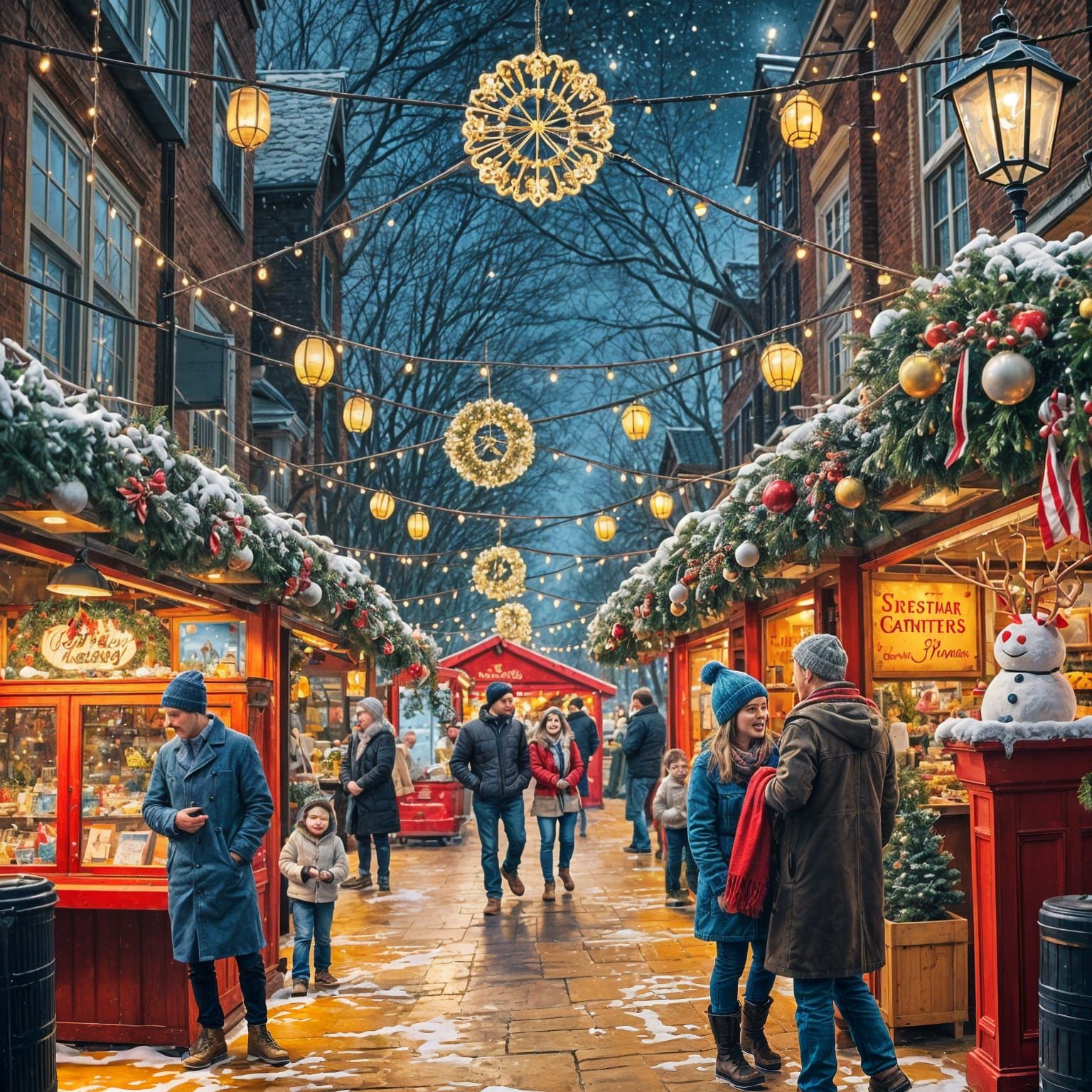 Winter Festive Market Scene with Glowing Lights