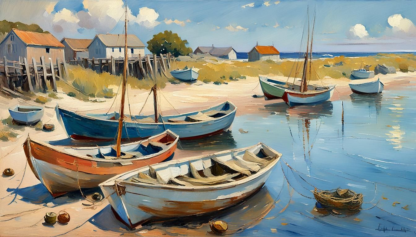 Cats by Rustic Boats in Impressionistic Style