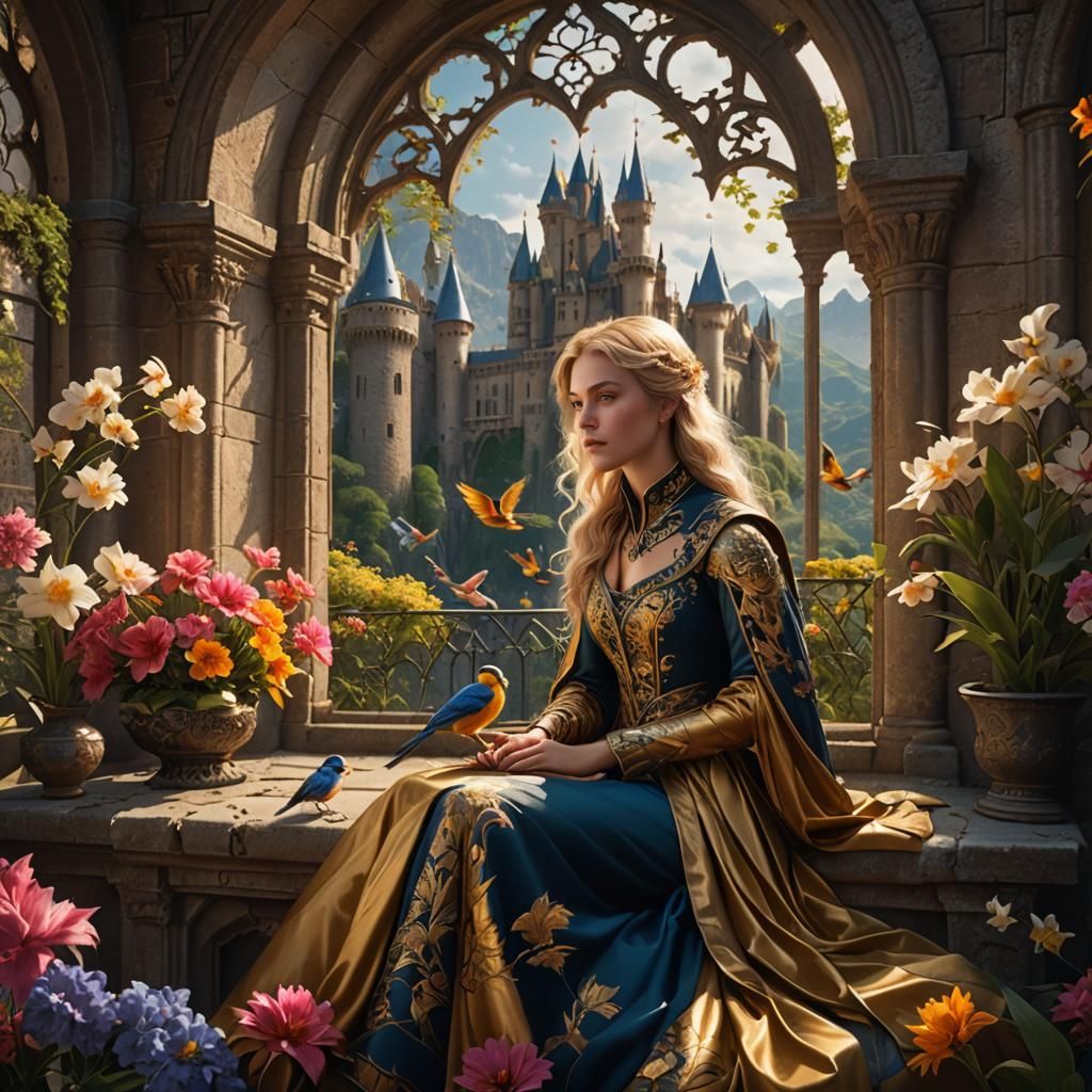 Golden-Haired Lady with Birds: Fantasy Concept Art