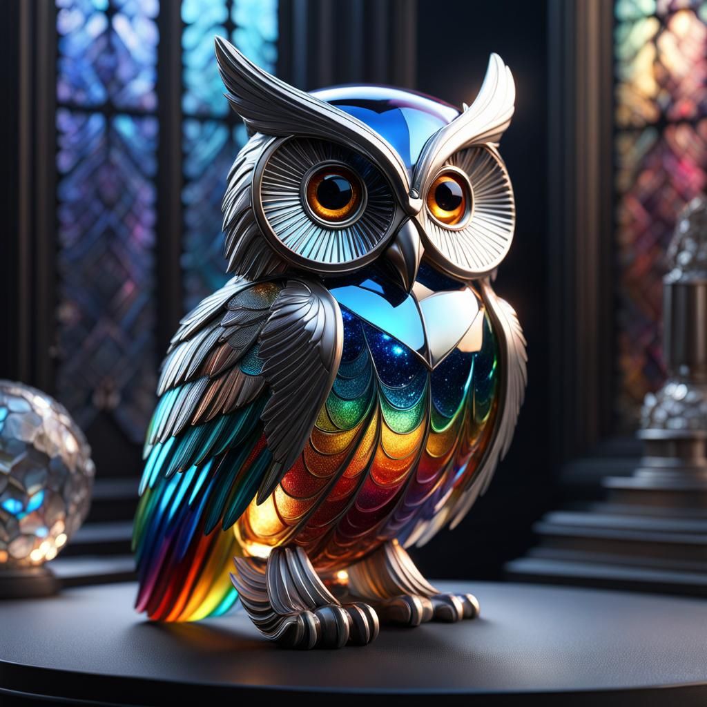 Cracked Glass Owl with Rainbow Accents
