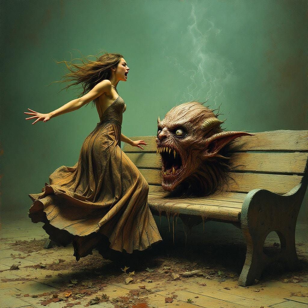 Demon Emerges from Bench in Surreal Style