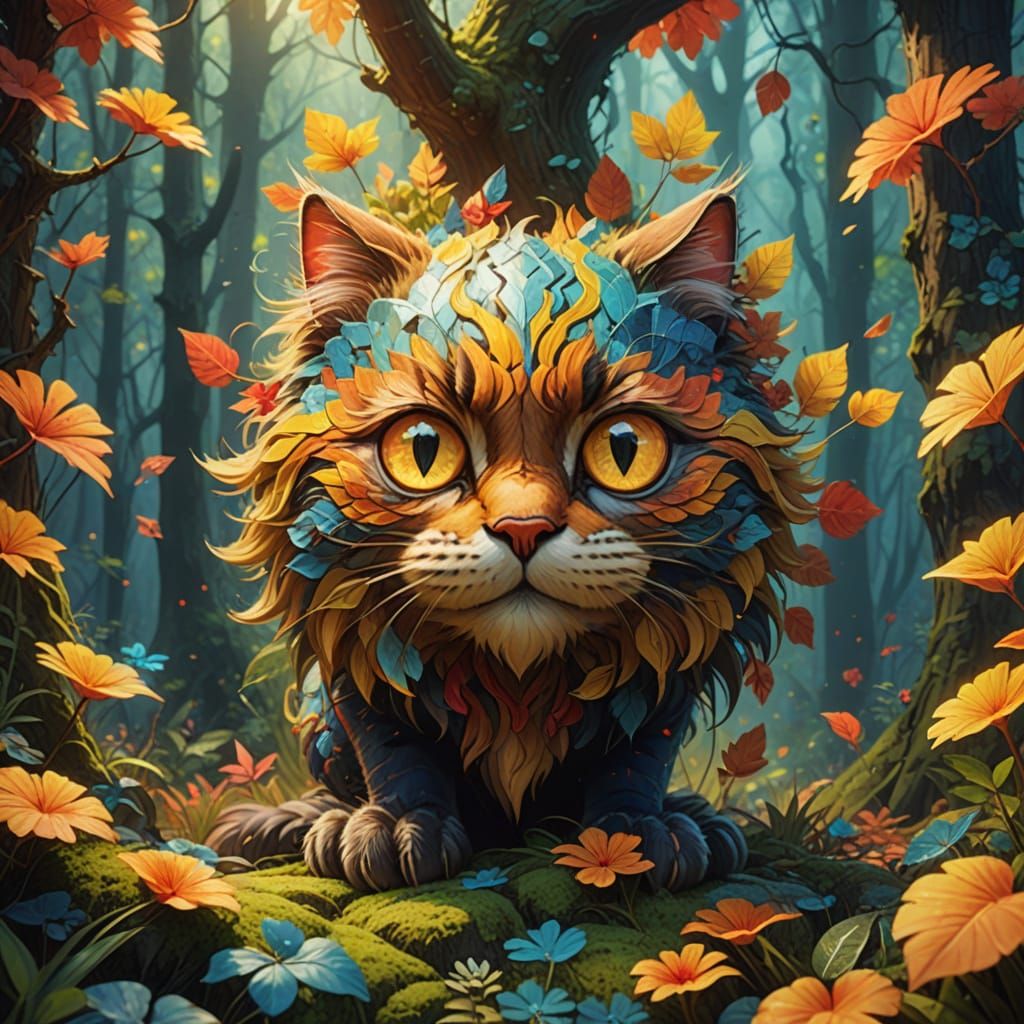 Vibrant Feline Enchantment in Mystical Woods