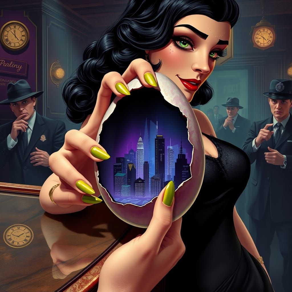 Flapper Girl with Cyberpunk Egg in Art Deco Style