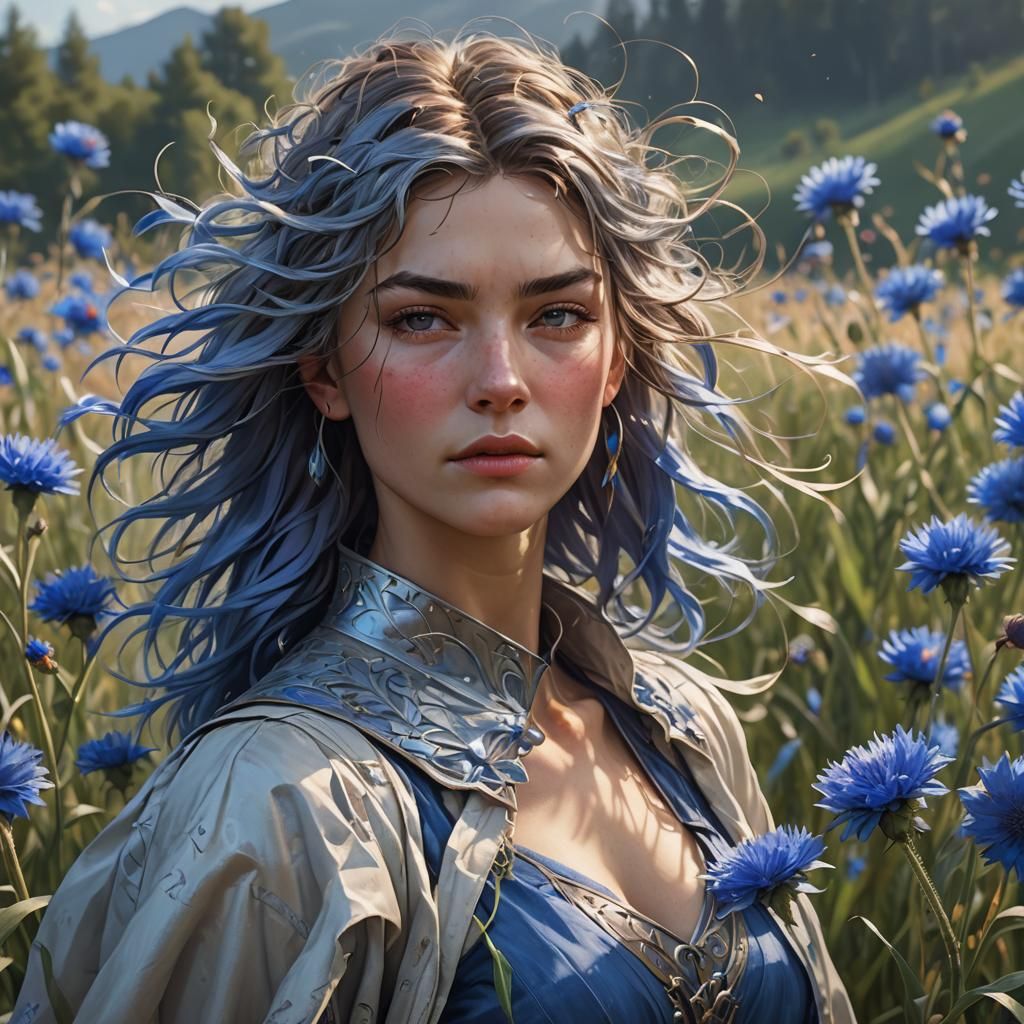 Windy Field Cornflower: Hyperdetailed Art Nouveau Illustrati...