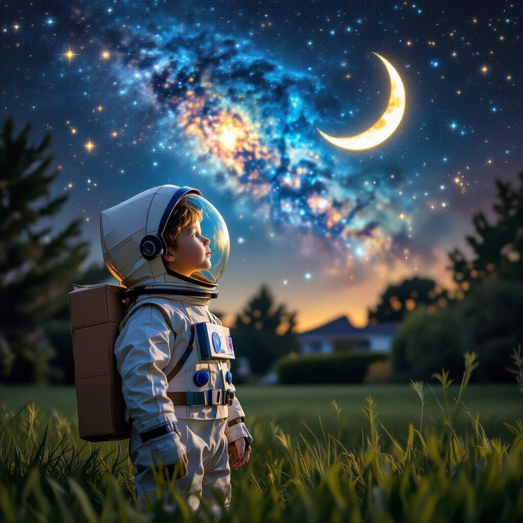 Boy in Cardboard Astronaut Suit Gazes at Starry Sky