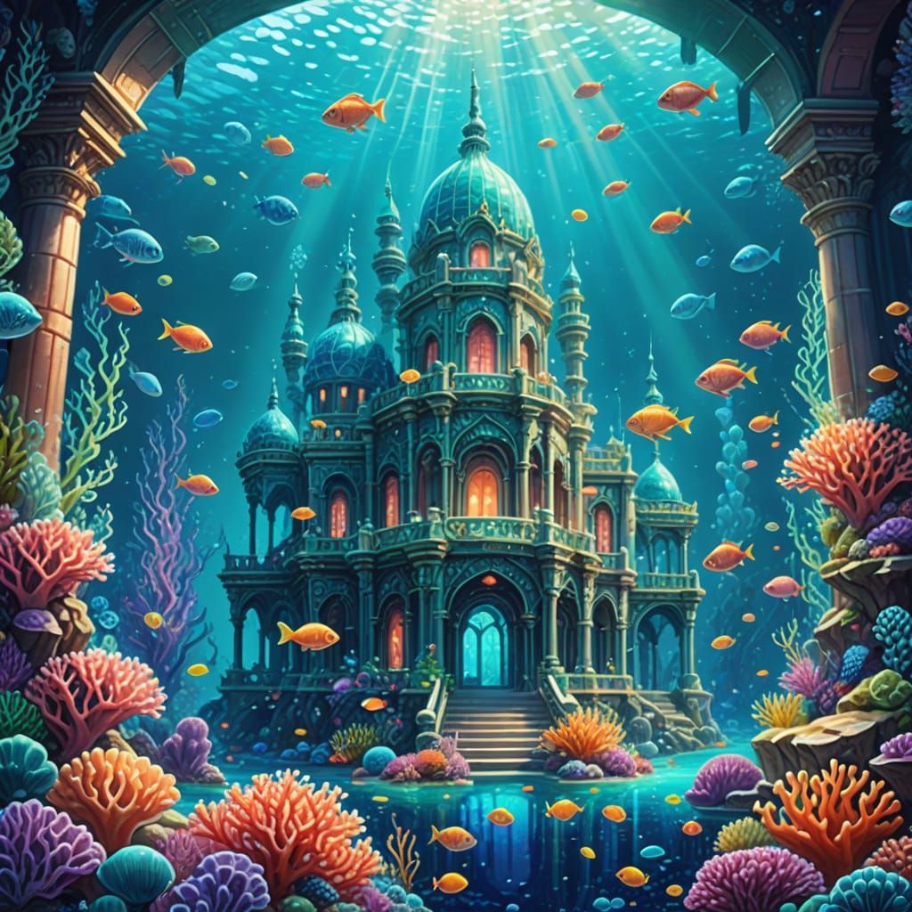 Underwater Nereid Palace in Vibrant Oil Painting Style