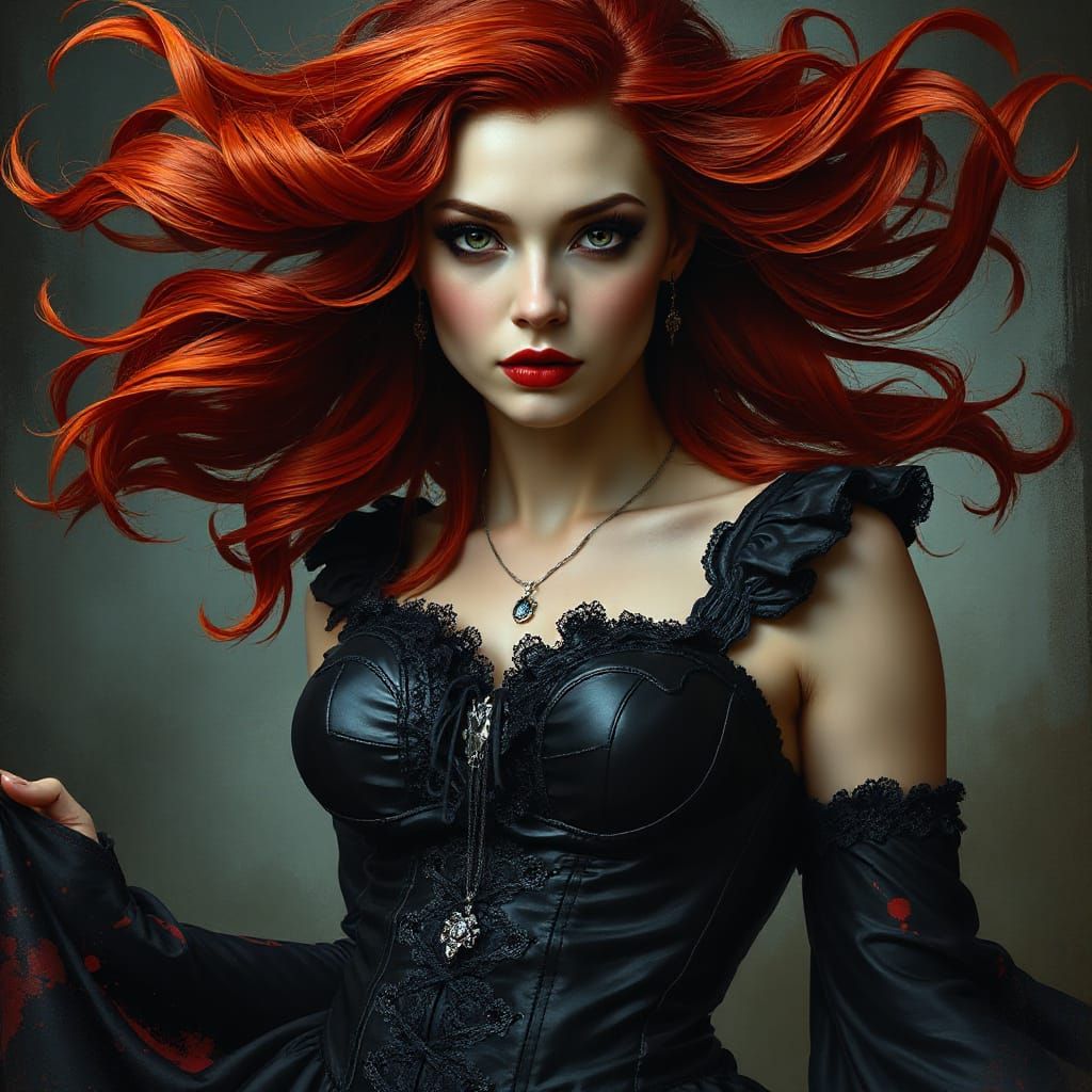 Gothic Woman in Dramatic Red Hair and Crimson Accents