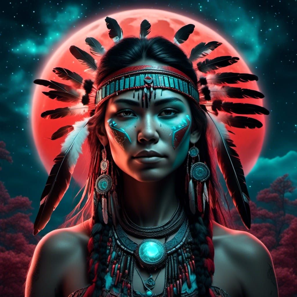 Native American Portrait with Full Moon, Fantasy Art