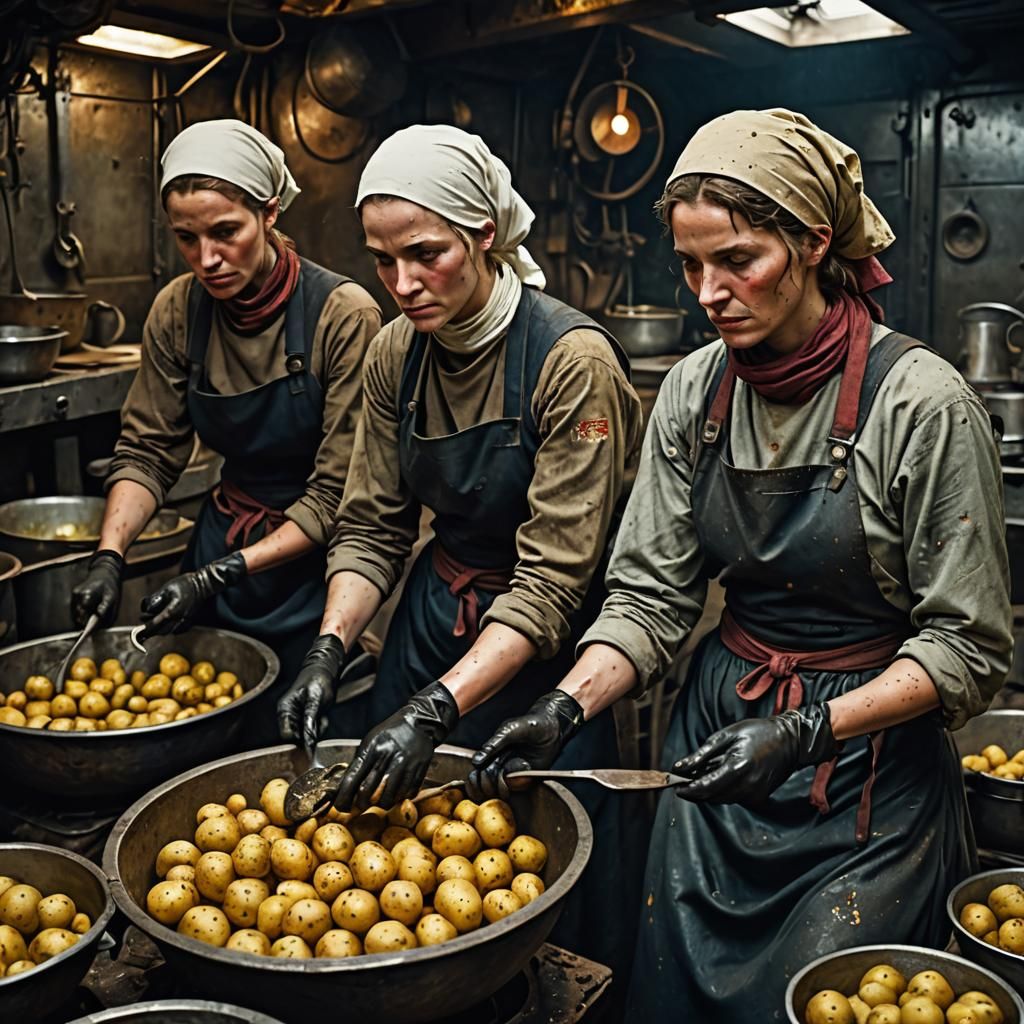 Scullerymaids Toil in Ancient Starship Galley