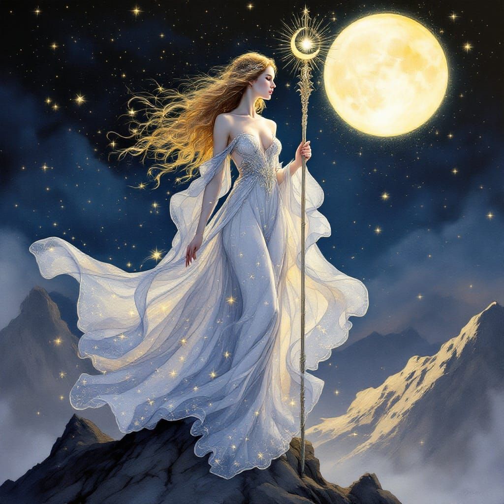 Lunar Priestess in Art Nouveau Watercolor Painting