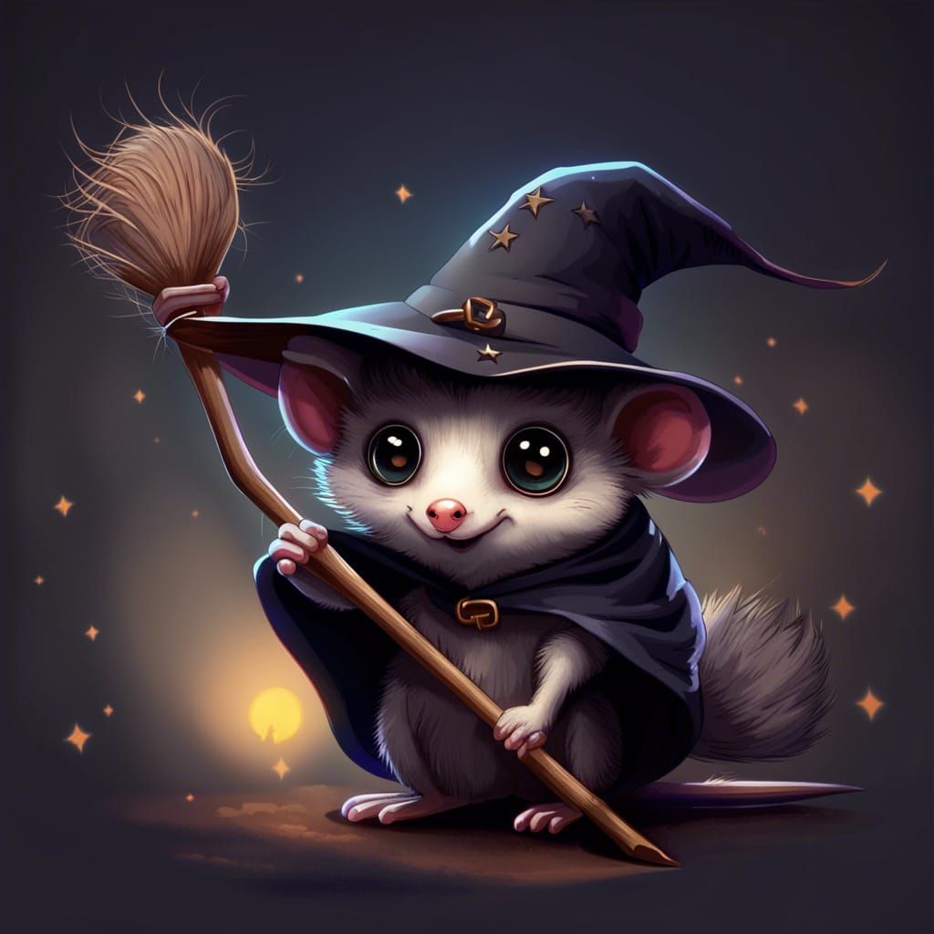 Cute Possum Witch Flying at Night