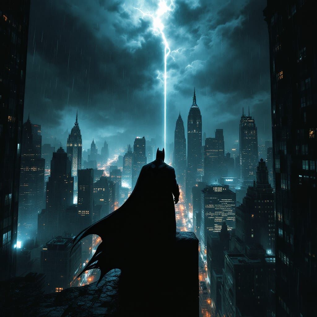 Batman Observes Gotham City in Film Noir Style