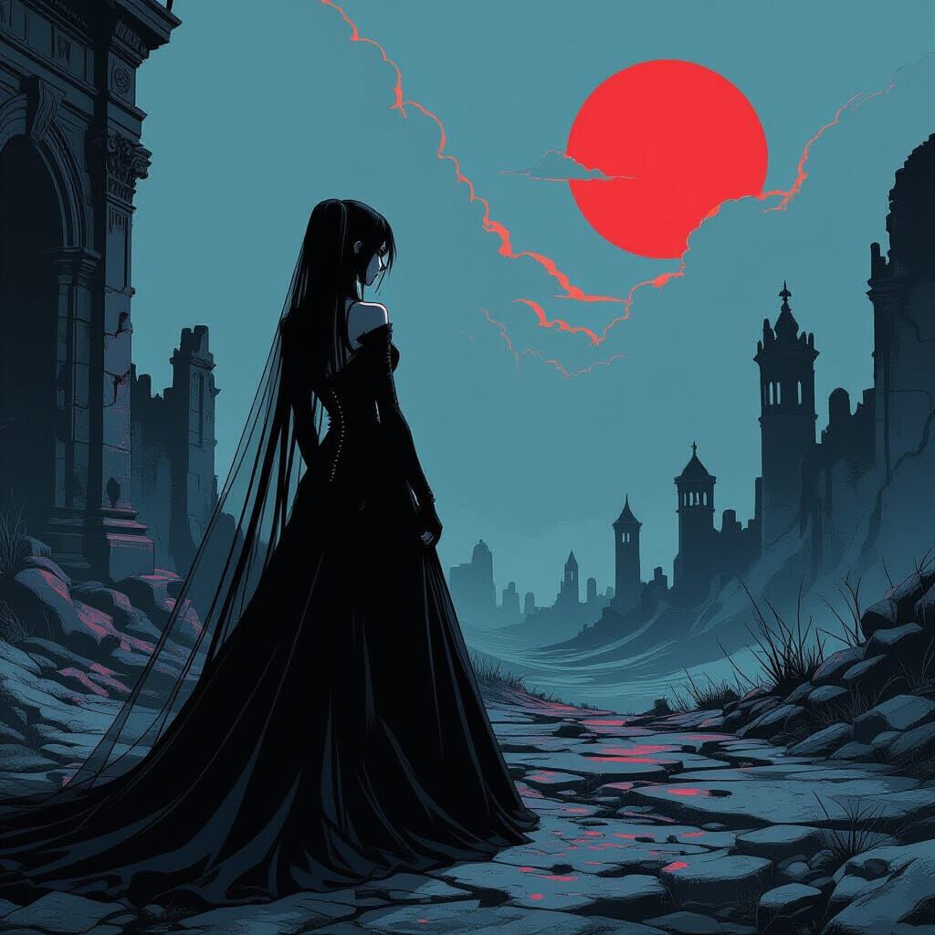 Ominous Summer Bride in Ruined Gothic Landscape