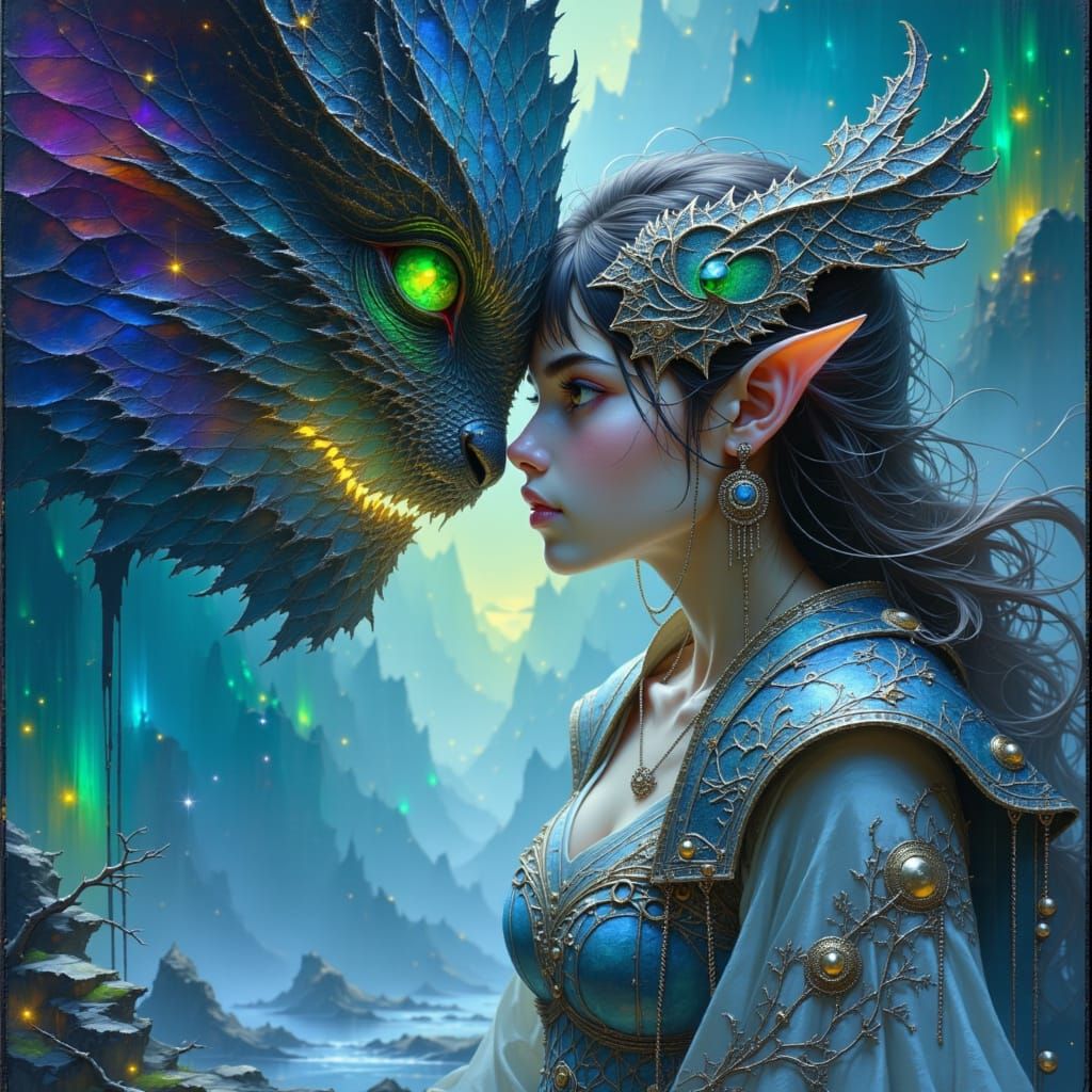 Elf Warrior and Dragon in Ethereal Aurora Landscape