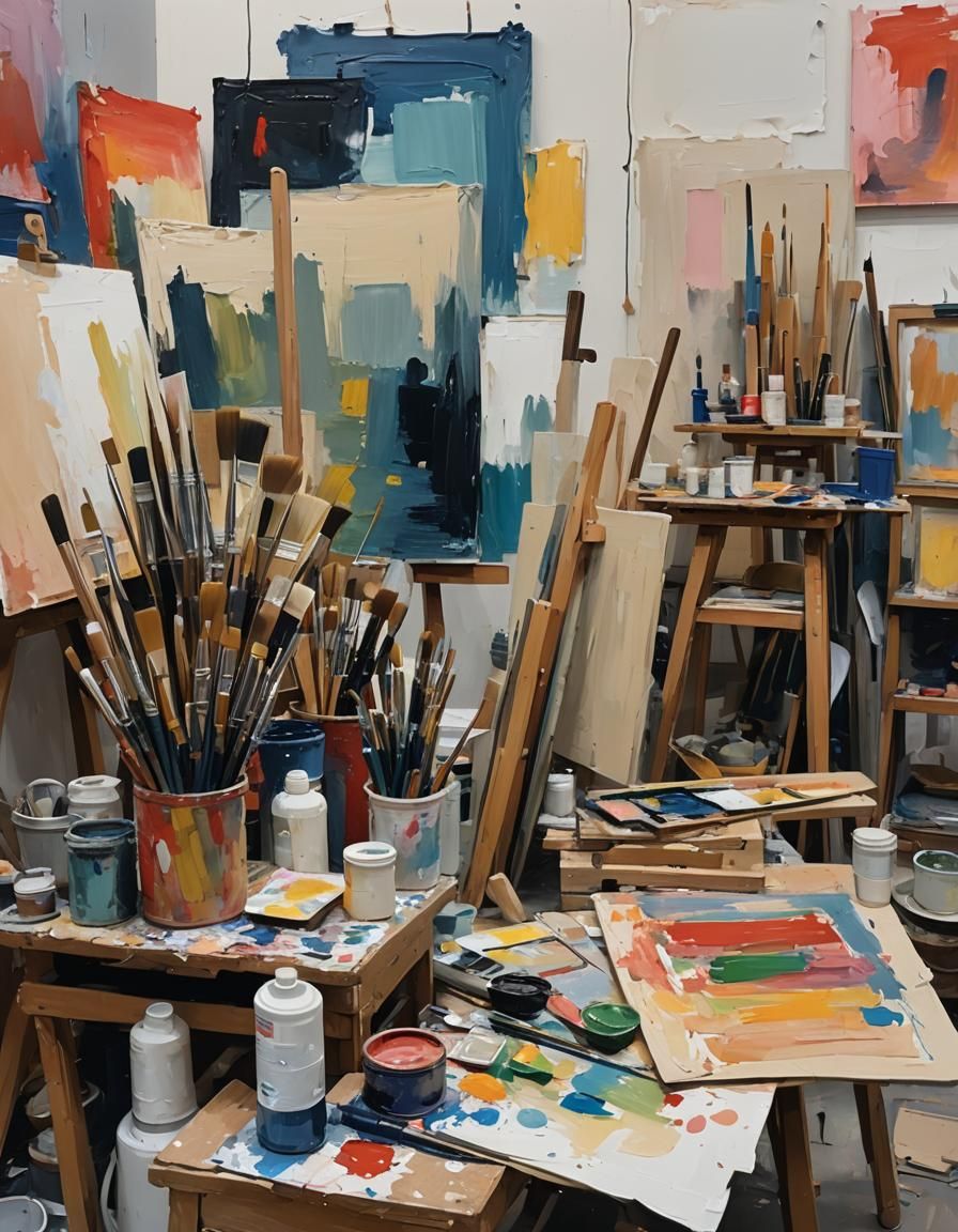 Vibrant Artist Studio with Thick Brushstrokes