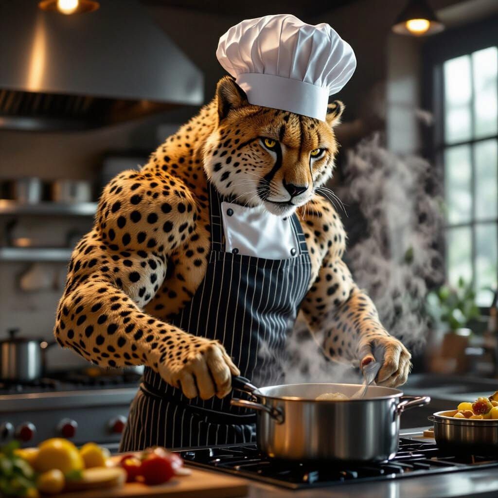Muscular Cheetah Chef Cooking in Modern Kitchen