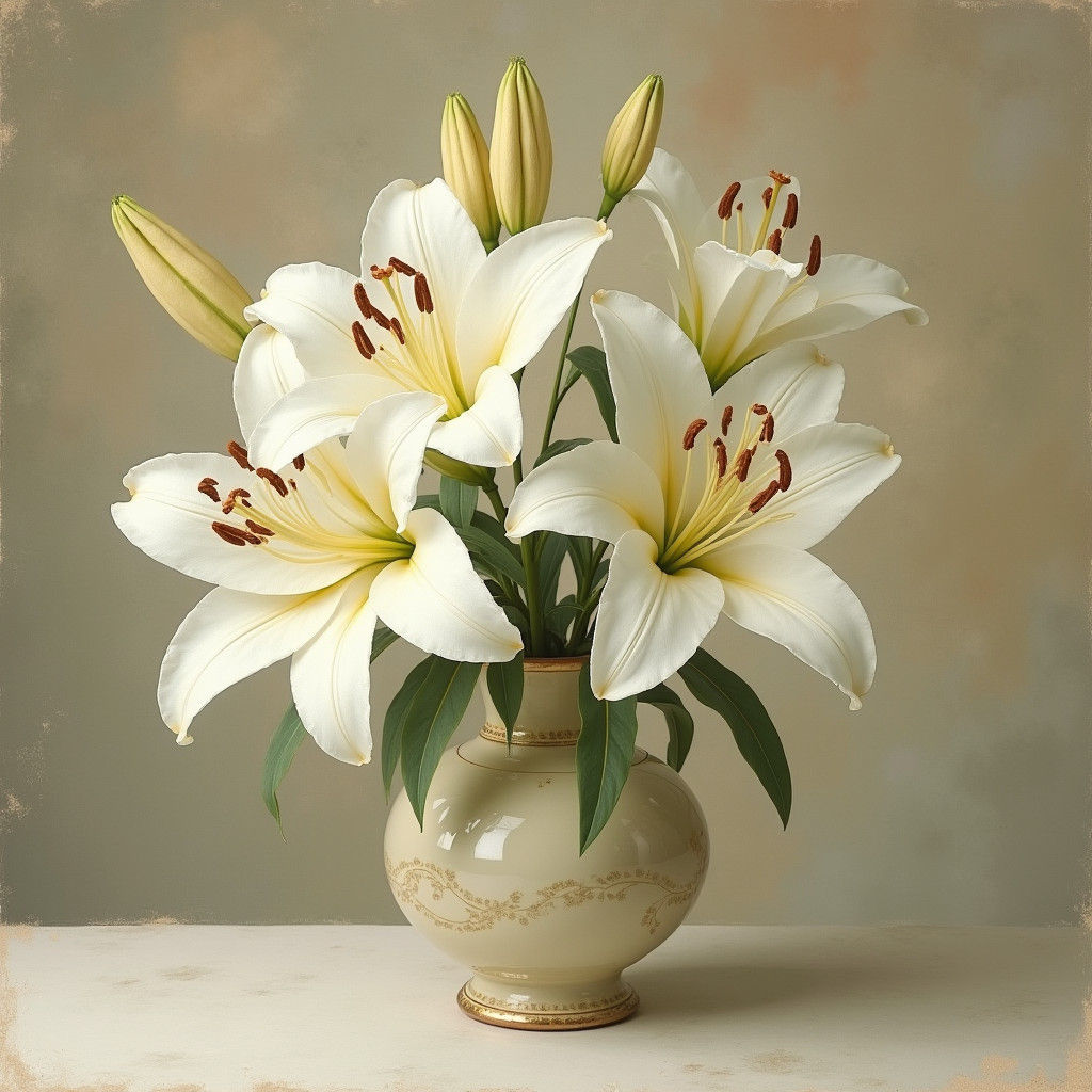 White Lilies in Antique Vase, Dreamy Aesthetic