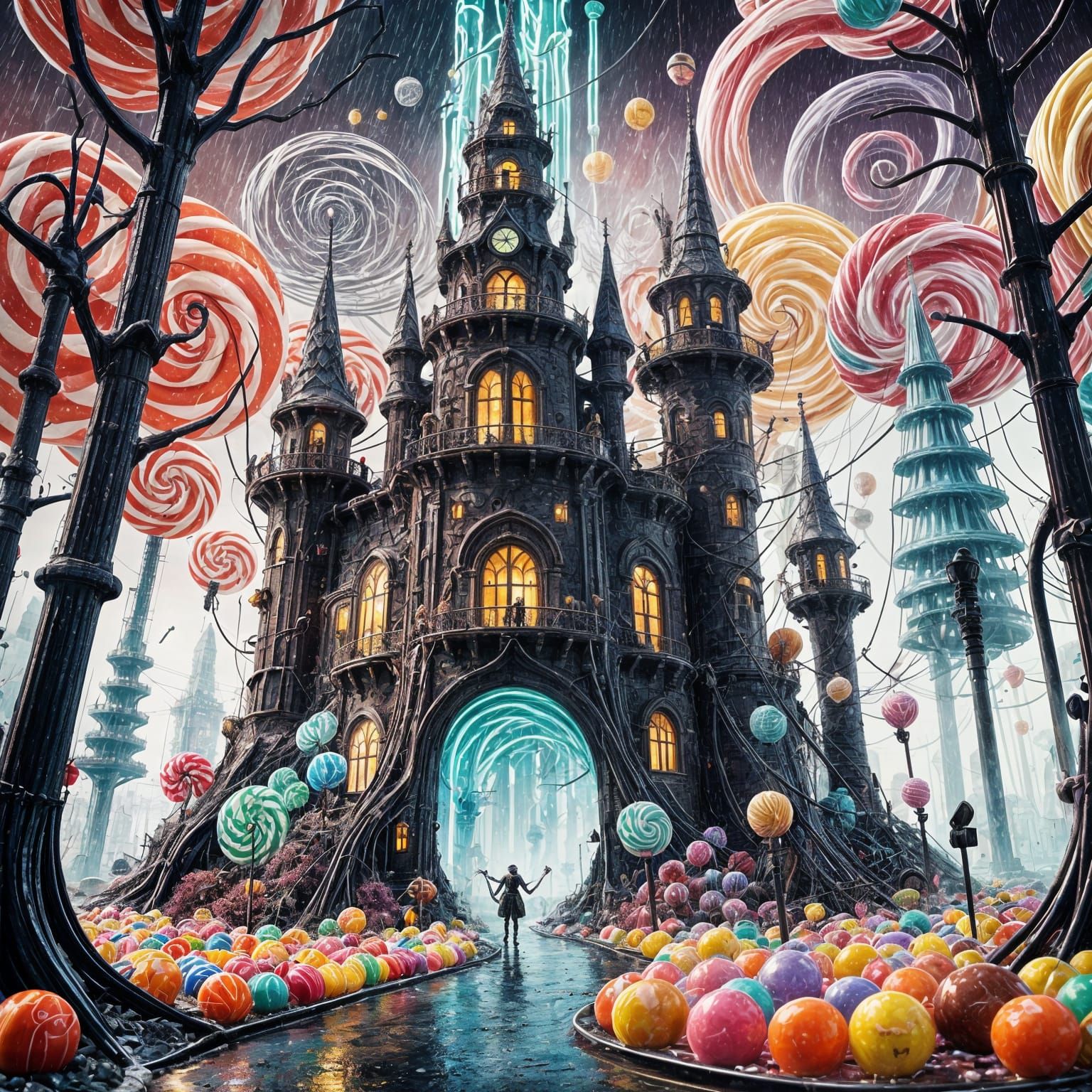 Surreal Candy Tower Landscape with Chocolate Rain