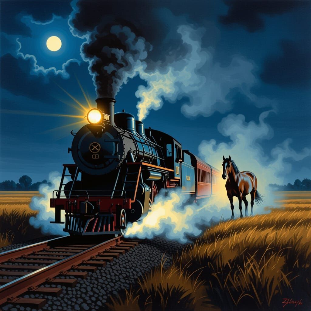 Steam Train Collision in Surreal Style