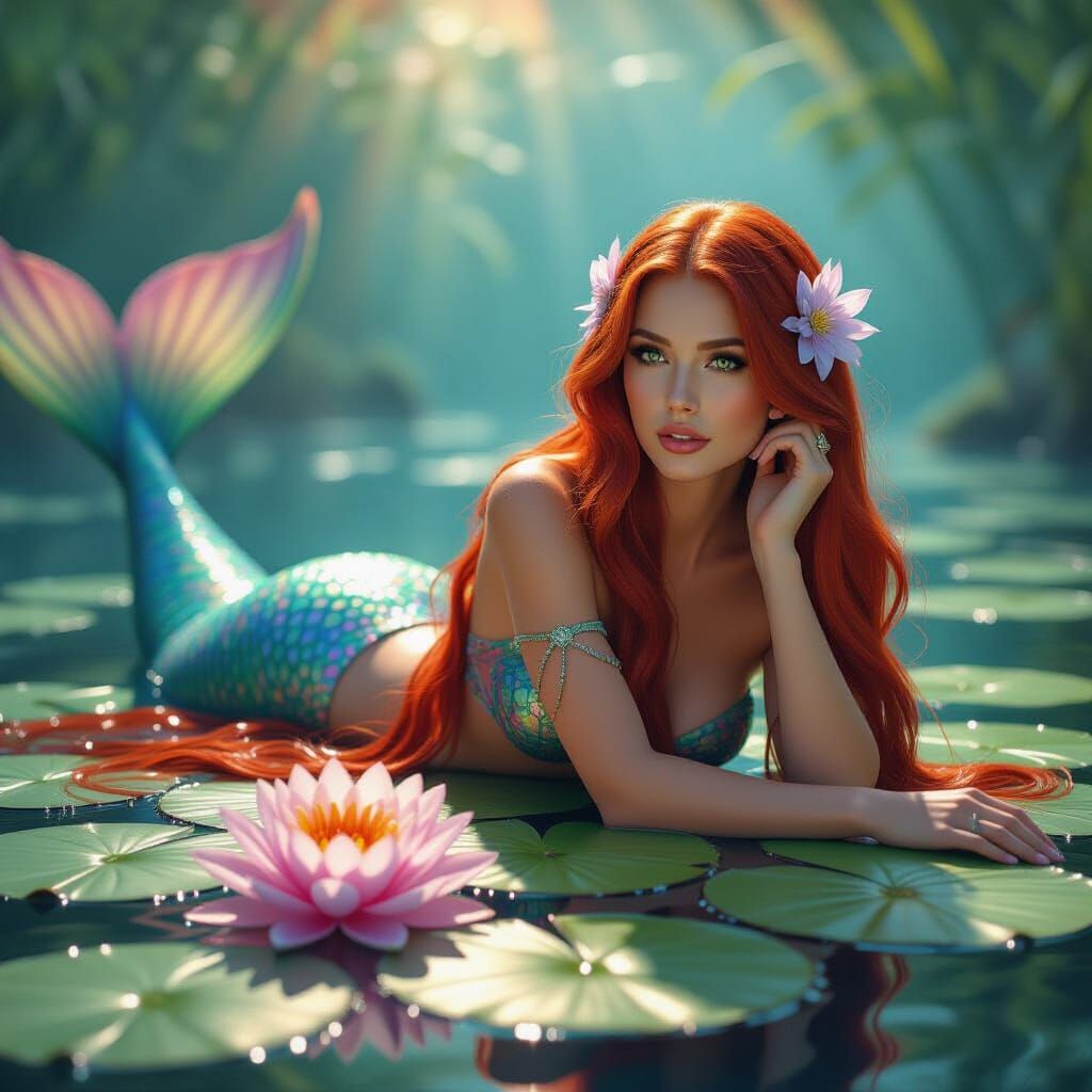 Mermaid on Lily Pad, Hyperrealistic Splash Art