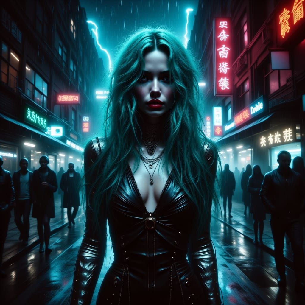 Vampire Cyborg in Futuristic Cyberpunk Alley
