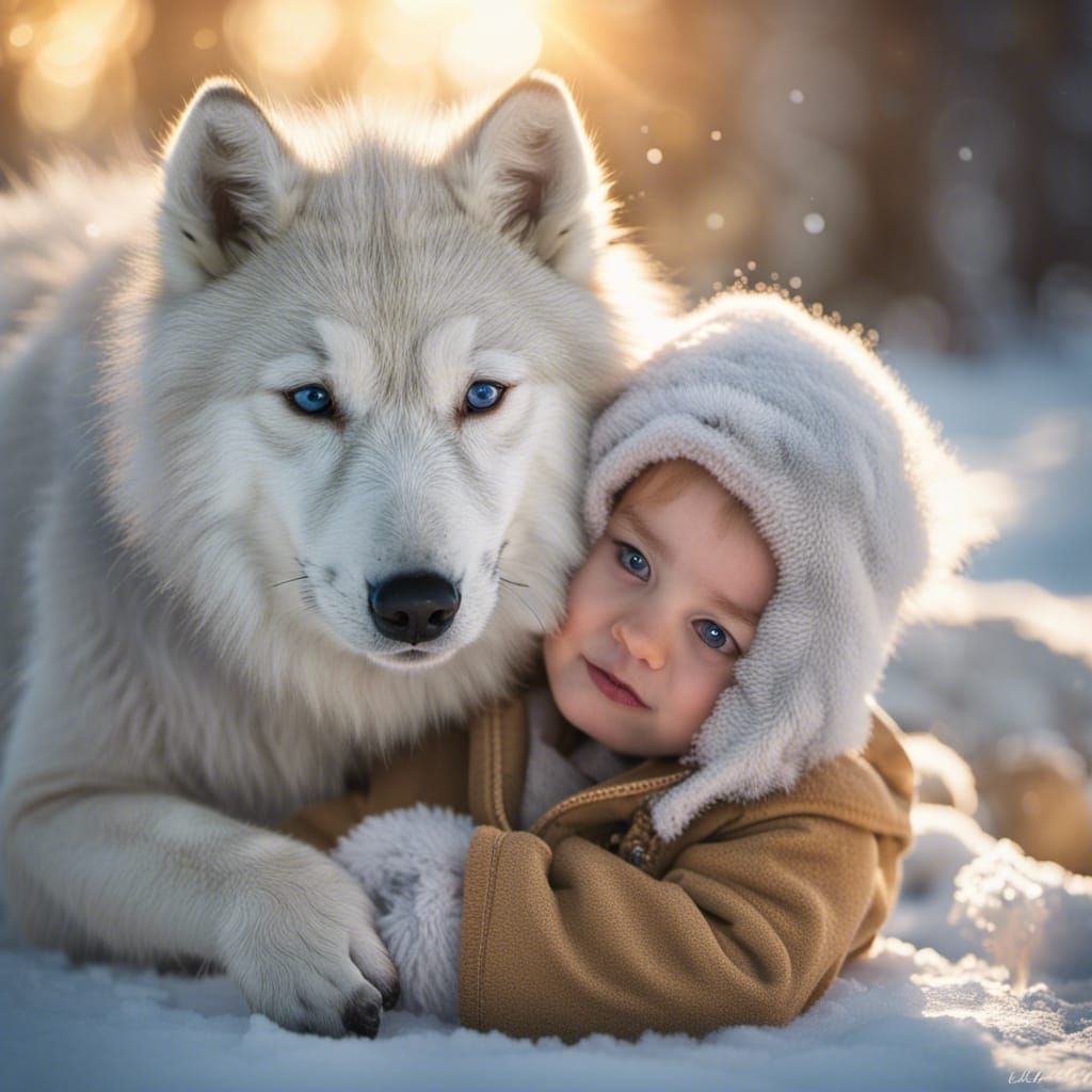 Baby and Wolf Pup in Snowy Landscape