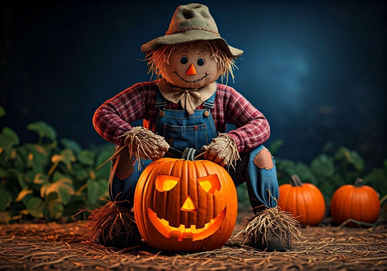 Scarecrow Carves Jack-o'-Lantern in Moonlit Patch