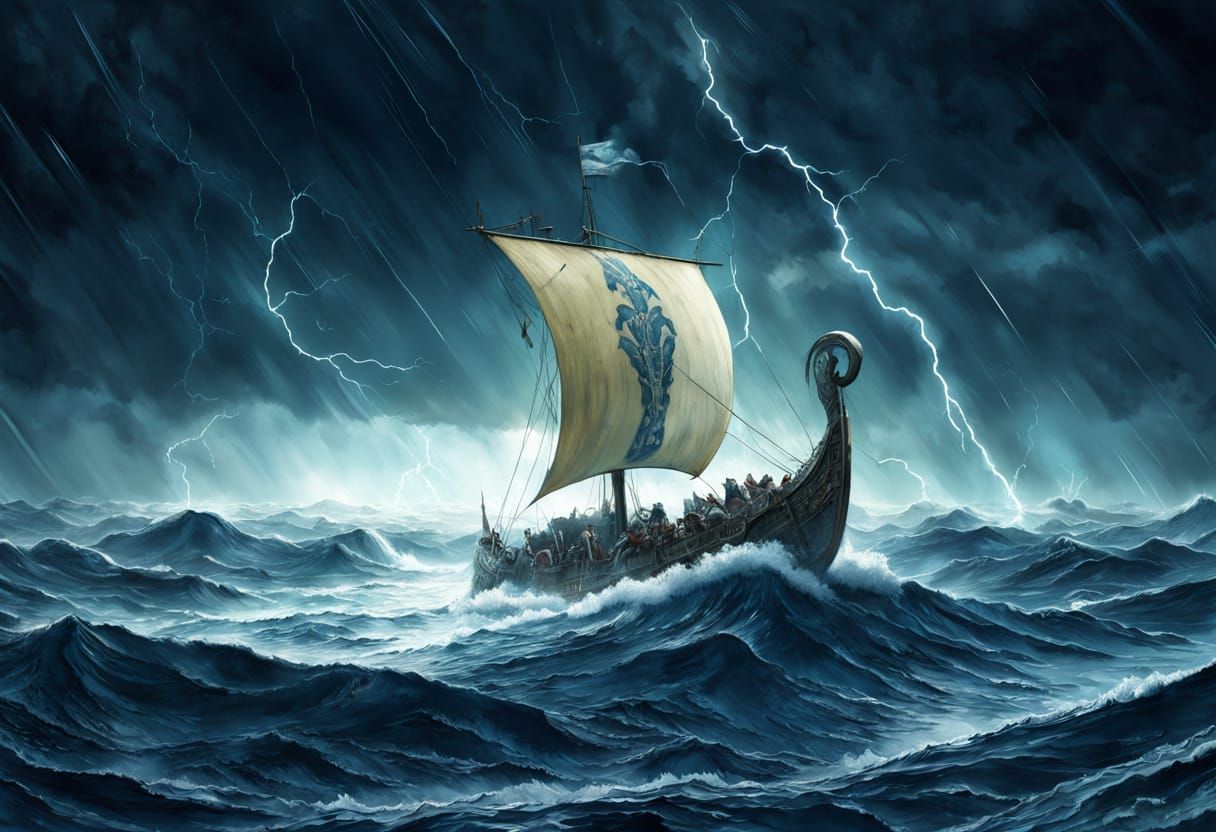 Greek Galley Battles Stormy Seas, Watercolor Art