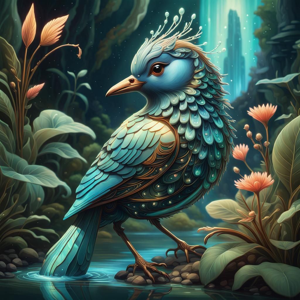 Art Deco Bioluminescent Bird in Magical River