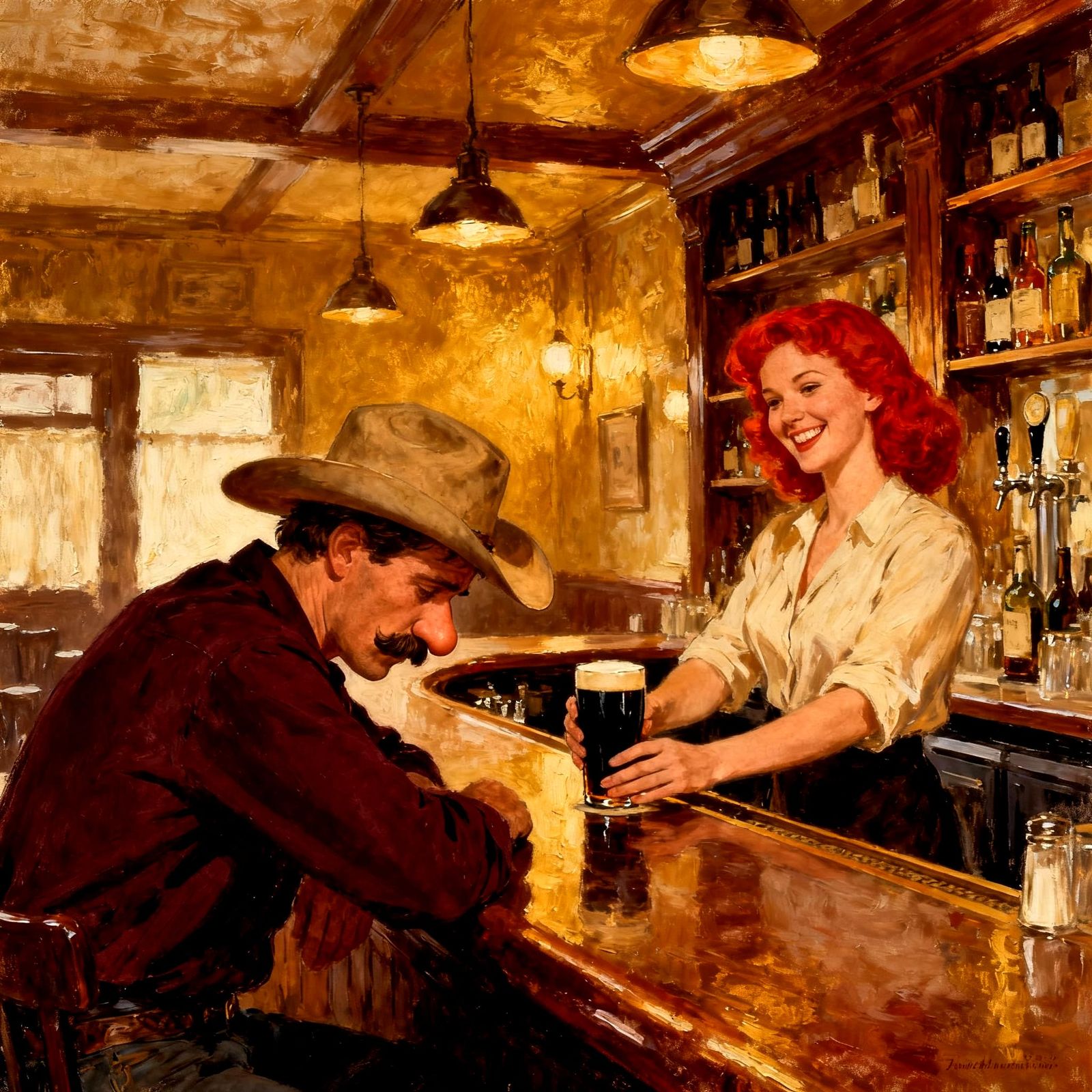 Bar Scene with Dejected Man and Cheerful Bartender