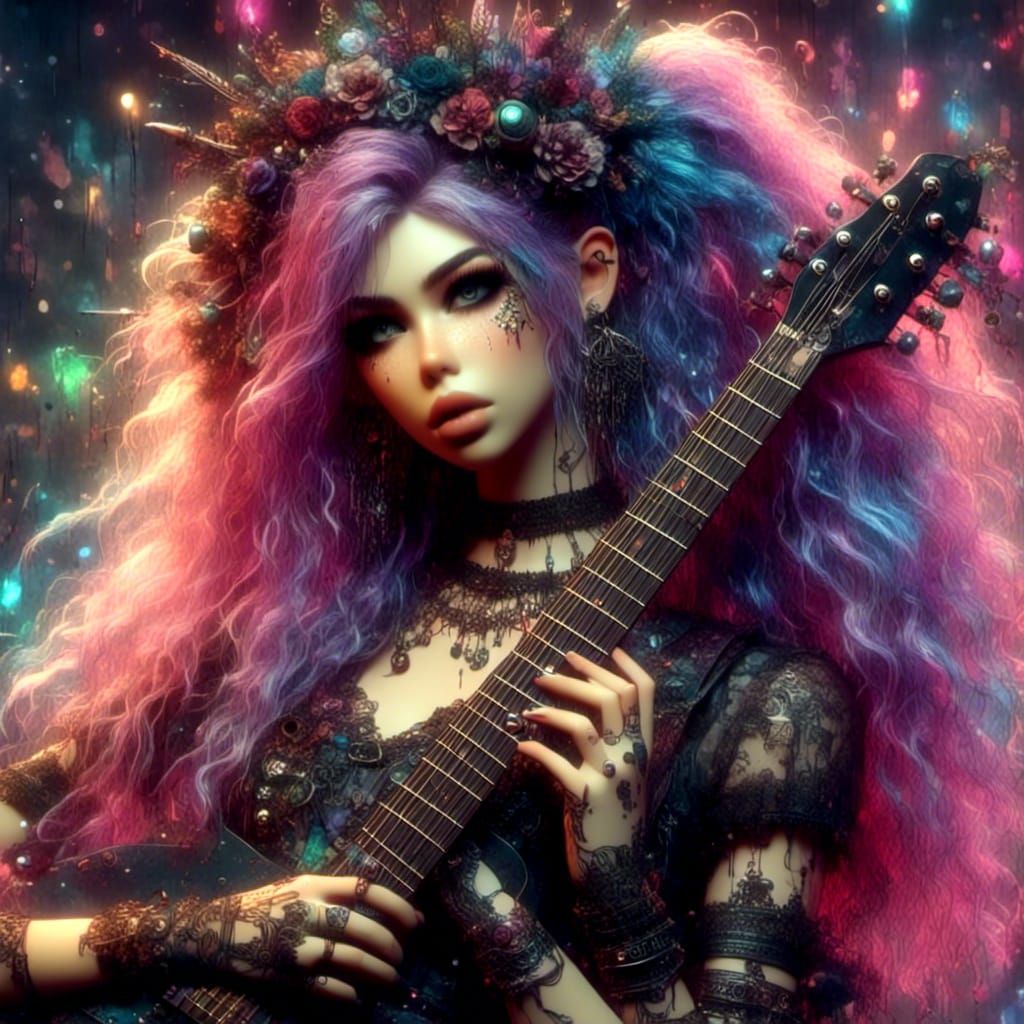 Cyber Goth Pixie Guitarist in Art Nouveau Punk Style
