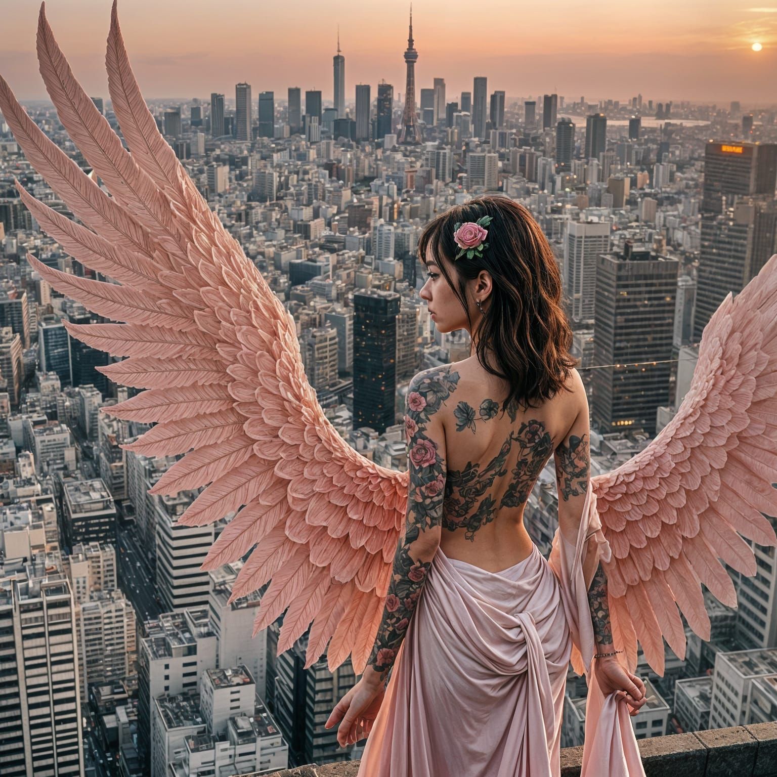 Regina egiziana in piedi su un edificio di Tokyo . Guarda da...