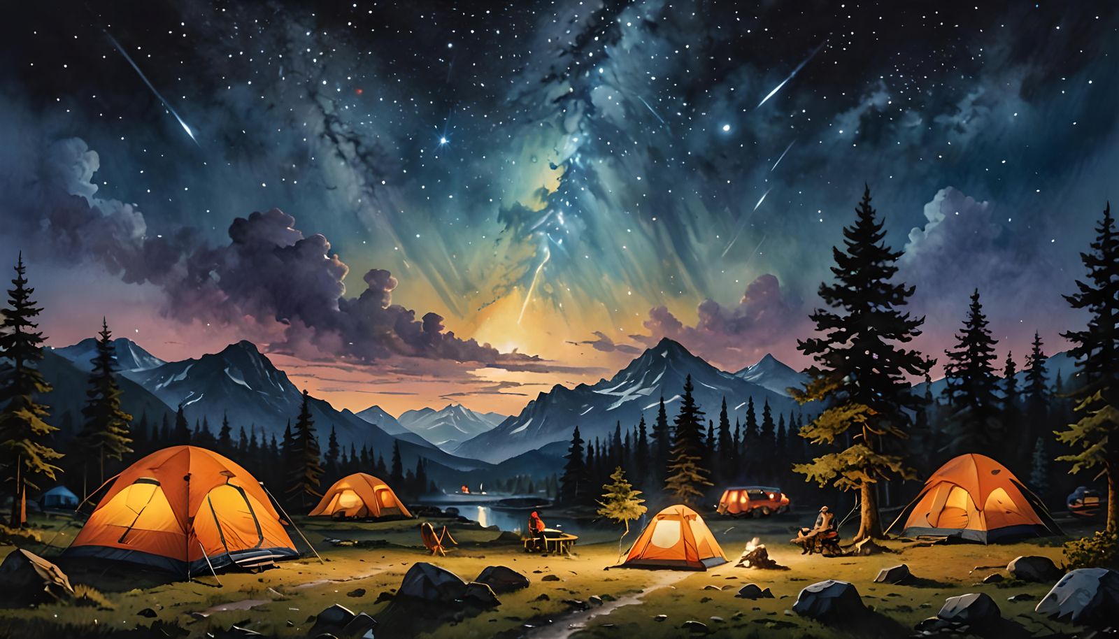 Meteor Shower Over Campsite in Watercolor Style