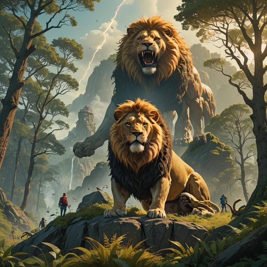 Lion's Roar in Lush Forest, Fantasy Concept Art