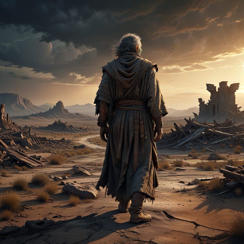 Ancient Wiseman on Windswept Plain in Hyperrealistic Style