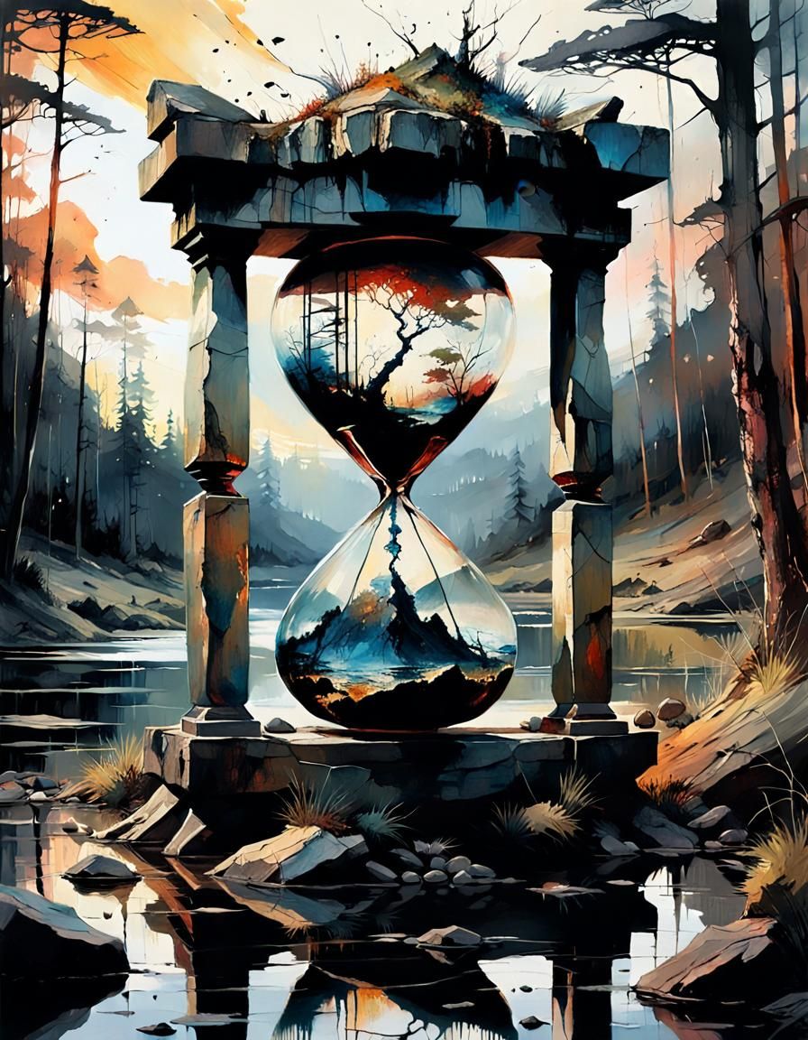 Hourglass in Prehistoric Forest: Surreal Abstract Art