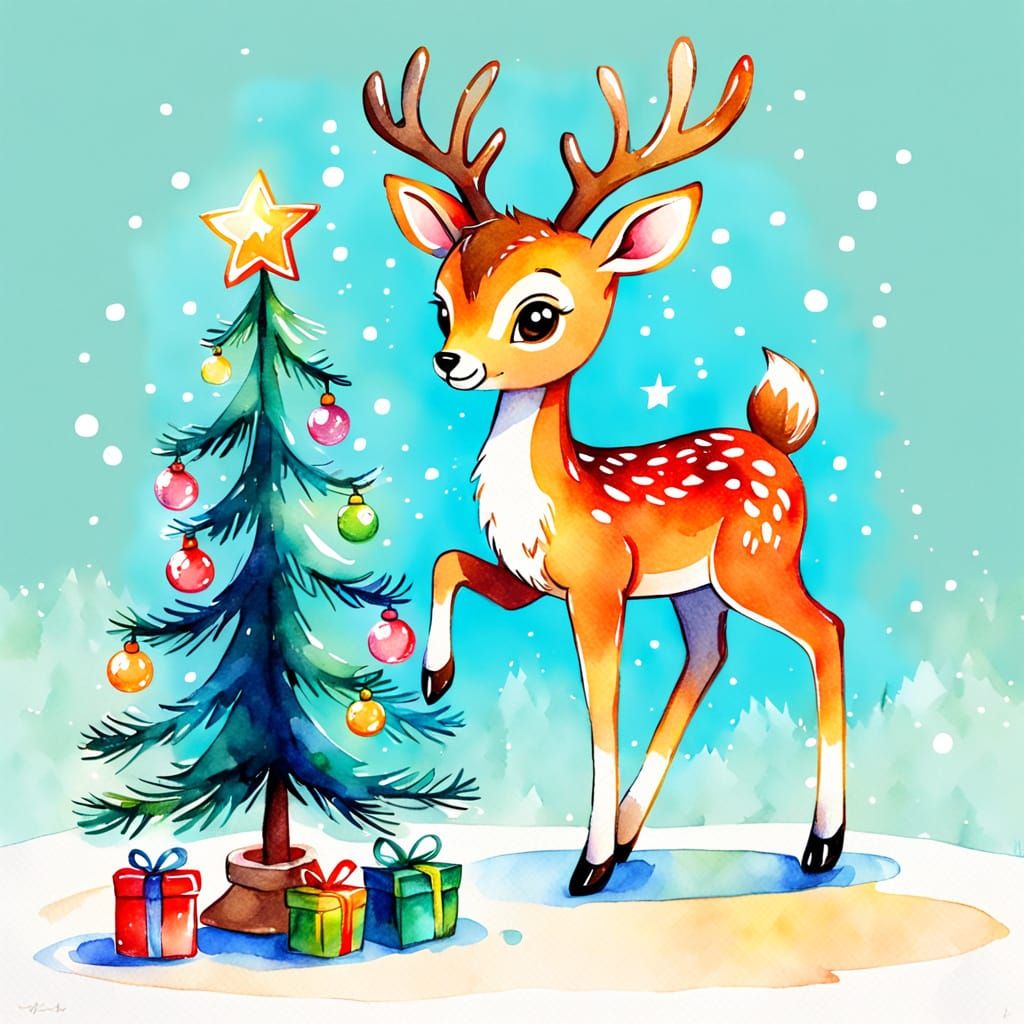 Cute Toy Deer Cub with Christmas Ornament in Watercolor Sket...